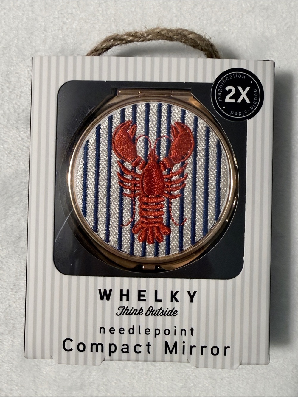 Whelky Needlepoint Compact Mirror - Red Lobster on Blue Stripe